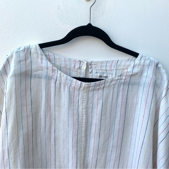 M&S Women's Size 24 100% Linen Top Cream Rainbow Vertical Stripe Boxy Tie Loose - Picture 2 of 8